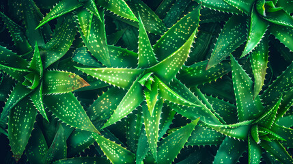 Close up of a bunch of green aloe vera plants with many small green leaves. The plants are arranged in a way that they look like they are growing together in a cluster