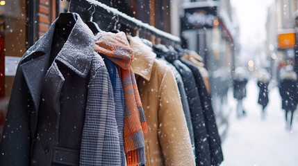 Fototapeta premium Stylish Winter Coats Displayed in Snowy Scene