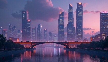 Fototapeta premium Stunning Urban Skyline at Dusk with Reflective River