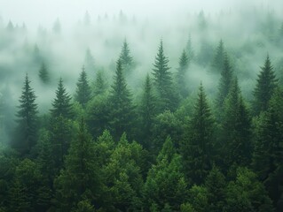 Fototapeta premium serene misty fir forest enveloped in soft, diffused light, showcasing tall trees shrouded in fog, creating a tranquil and enchanting atmosphere for nature lovers