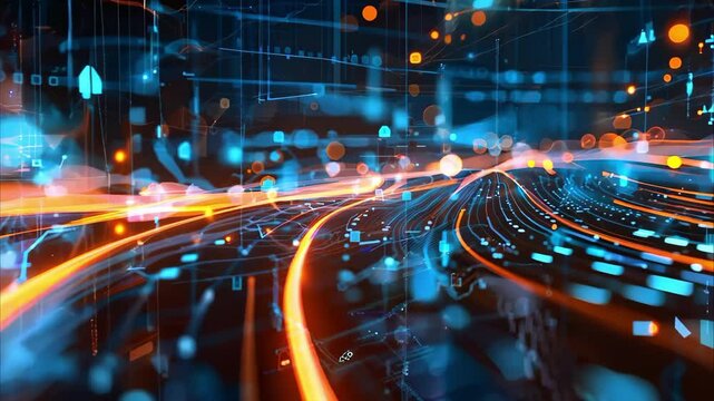 A digital abstract representation featuring glowing lines and shapes, symbolizing data flow and technology.