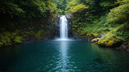 Lush Green Forested Waterfall Cascades into a Tranquil Pool