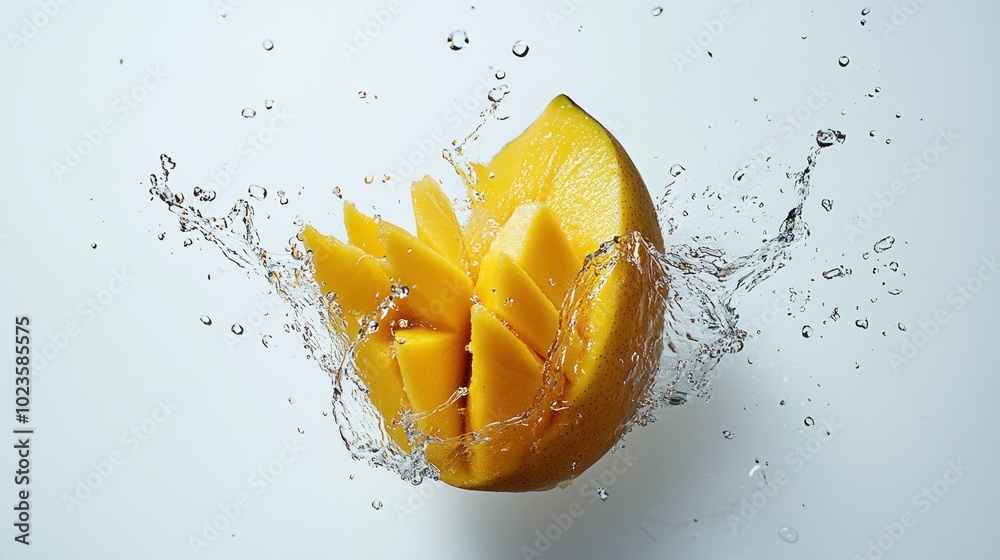 Poster sliced mango splashing into water
