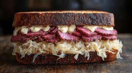 reuben sandwich artfully arranged on a rustic wooden table showcasing layers of corned beef tangy sauerkraut melted swiss cheese and creamy dressing with natural light enhancing the colors