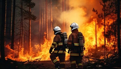 Naklejka premium Firefighter and his team in action facing a forest fire