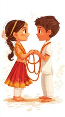 Two children joyfully exchange flower garlands while dressed in colorful traditional outfits