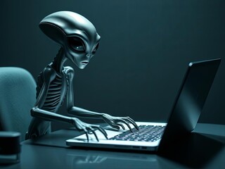 Alien typing on laptop in a futuristic setting