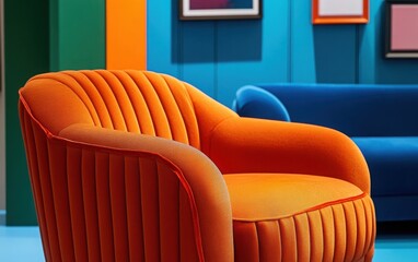 Close-up perspective of the orange armchair, highlighting its unique design and texture, while the blue sofa and blue wall with frames serve as a colorful backdrop. 