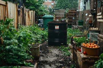 Obraz premium A Compost Bin and Garden Produce in a Narrow Backyard