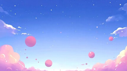 A serene landscape with a gradient sky, fluffy clouds, and floating pink spheres.