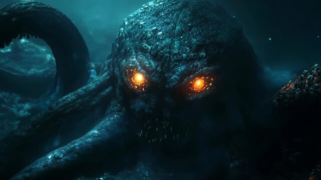Giant Sea Creature with Glowing Eyes in Underwater Cinematic Scene