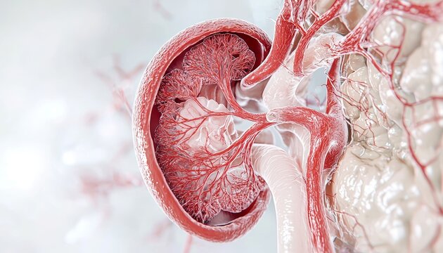 A cross-section of the kidney in 3D, with the renal artery, vein, and nephron structures clearly visible, demonstrating how blood filtration and urine formation occur.