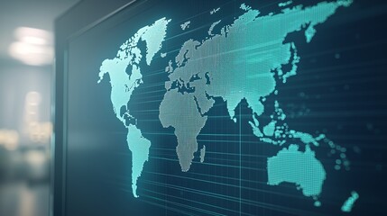 Obraz premium Futuristic Holographic World Map Displaying Real-Time Global Data Points through 3D Search Engine Interface
