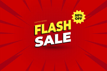 
MINIMALIST template design in red color with the inscription sale with a yellow sticker 50 percent off and lightning bolts on the sides