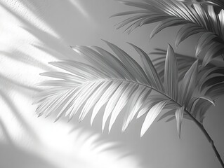Obraz premium shadows of coconut leaves cast intricate patterns on a pristine white wall, creating a minimalist yet artistic contrast that highlights the beauty of nature's simplicity and the play of light