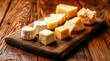 Close-up of assorted cheese dices and slices on a rustic wooden board in natural light