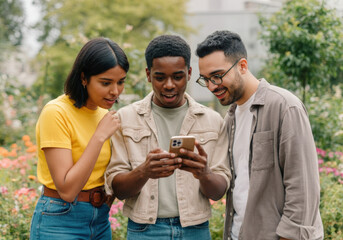 Fototapeta premium Three friends are enjoying their time together outdoors, looking at something funny on a smartphone