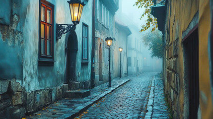 A serene morning in an old city shrouded in fog with narrow cobblestone streets and dimly lit lamps