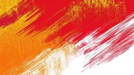 Abstract artwork featuring bold strokes of red, orange, and white, creating dynamic visual movement.
