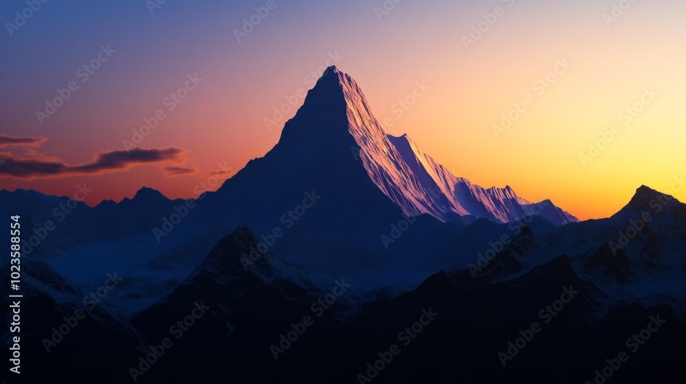 Poster A mountain range with a large peak in the background