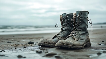A pair of worn-out boots resting on a sandy beach, evoking a sense of adventure and exploration.