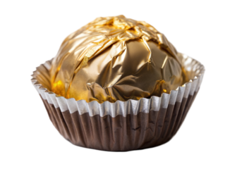Delicious chocolate ball wrapped in golden foil, isolated on transparent or white background.