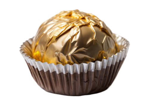 Delicious chocolate ball wrapped in golden foil, isolated on transparent or white background.