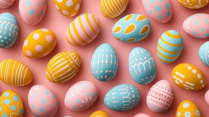 Colorfully decorated eggs are scattered on a pastel pink background, ideal for Easter-themed projects, crafts, and invitations, This vibrant image adds a festive touch to any springtime design,
