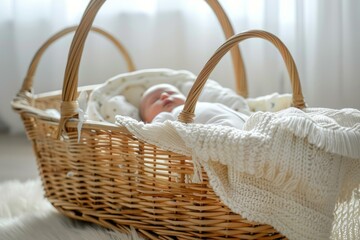 Newborn baby is sleeping peacefully in a wicker basket, covered with a soft knitted blanket, enjoying the comfort and warmth of home