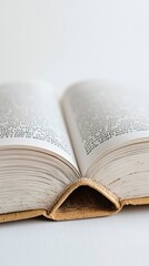 An Open Book with Tan Binding on a White Surface
