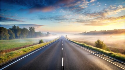 Landscape of empty highway in morning fog