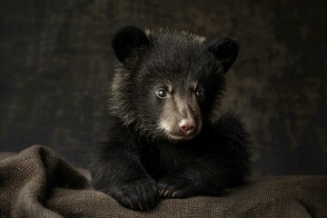 Adorable black bear cub is sitting on a brown background and looking curious