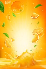 3d realistic vector vertical banner, orange juice splash, orange juice color background with flying leaves for your design, ads