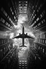 Airplane flying overhead between tall urban buildings in dramatic black and white scene