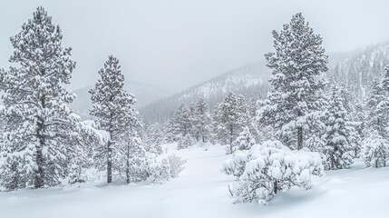 4 Heavy snowfall blanketing a mountain landscape, winter weather, cold and serene