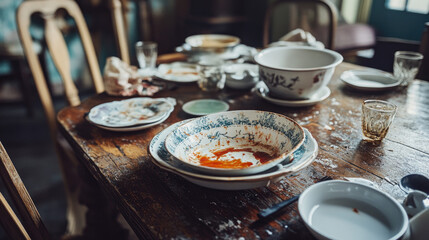 An empty dining table with dirty dishes left behind, including bowls and plates with sauce stains, creating a scene of casual dining and cleanup duties.