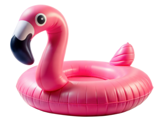 Pink flamingo inflatable pool float, isolated on transparent or white background.
