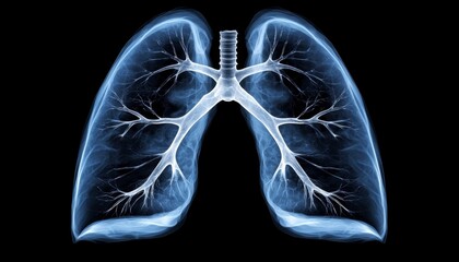 A digital X-ray scan of the lungs showing the spread of cancer along the bronchi, with blackened areas indicating collapsed alveoli and scar tissue.