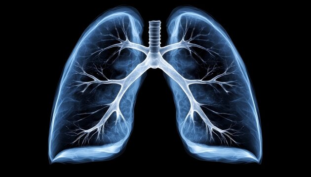 A digital X-ray scan of the lungs showing the spread of cancer along the bronchi, with blackened areas indicating collapsed alveoli and scar tissue.