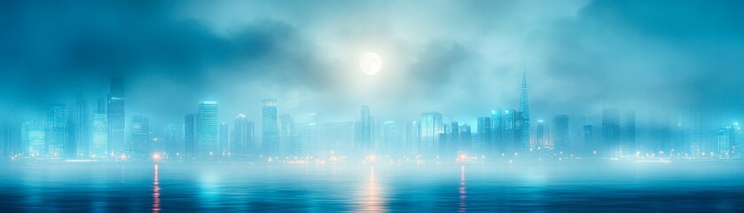 A serene city skyline shrouded in fog, illuminated by the moonlight reflecting on the calm water, Ideal for themes of tranquility, night life, or modern urban landscapes,