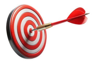 Dart hitting the center of a red and white target, symbolizing success. Isolated on transparent or white background.