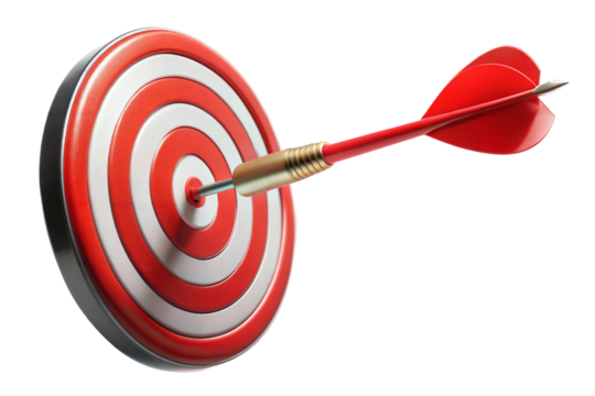 Dart hitting the center of a red and white target, symbolizing success. Isolated on transparent or white background.