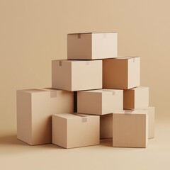 Fototapeta premium A stack of various sized, plain cardboard boxes on a soft beige background, ideal for use in logistics, packing, or e-commerce related content and design projects,