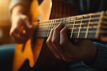 Obraz premium Musician is playing chords on an acoustic guitar