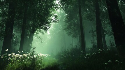 Fototapeta premium 7 Morning mist rolling through a dense forest, foggy weather, mysterious ambiance