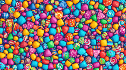 Fototapeta premium A vibrant and colorful candy pattern filled with playful sweets in various shapes and sizes for a fun, dynamic design