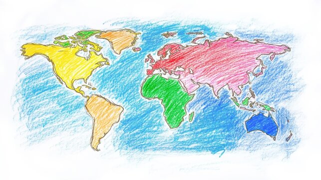 A colorful, hand-drawn world map featuring distinct geographical regions, Ideal for educational materials, travel brochures, or children's resources, it adds a creative touch to global themes,