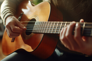 Fototapeta premium Musician is playing an acoustic guitar, sunlight reflecting off the instrument