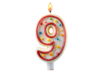 Colorful birthday candle shaped like number nine, isolated on a white background.
