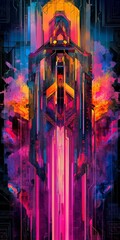 Naklejka premium Dynamic abstract portrayal of a synthwave skyscraper, surrounded by vibrant hues and intricate designs.